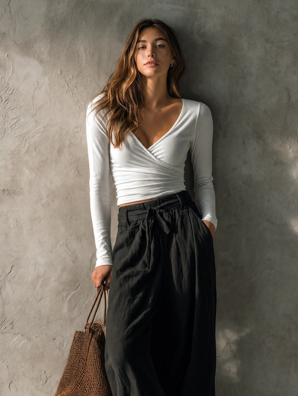 Women's Casual White Stretch-knit V-neck Long-sleeve Top Paired With A Black Cotton-linen Skirt. MDZ2369G5LXY