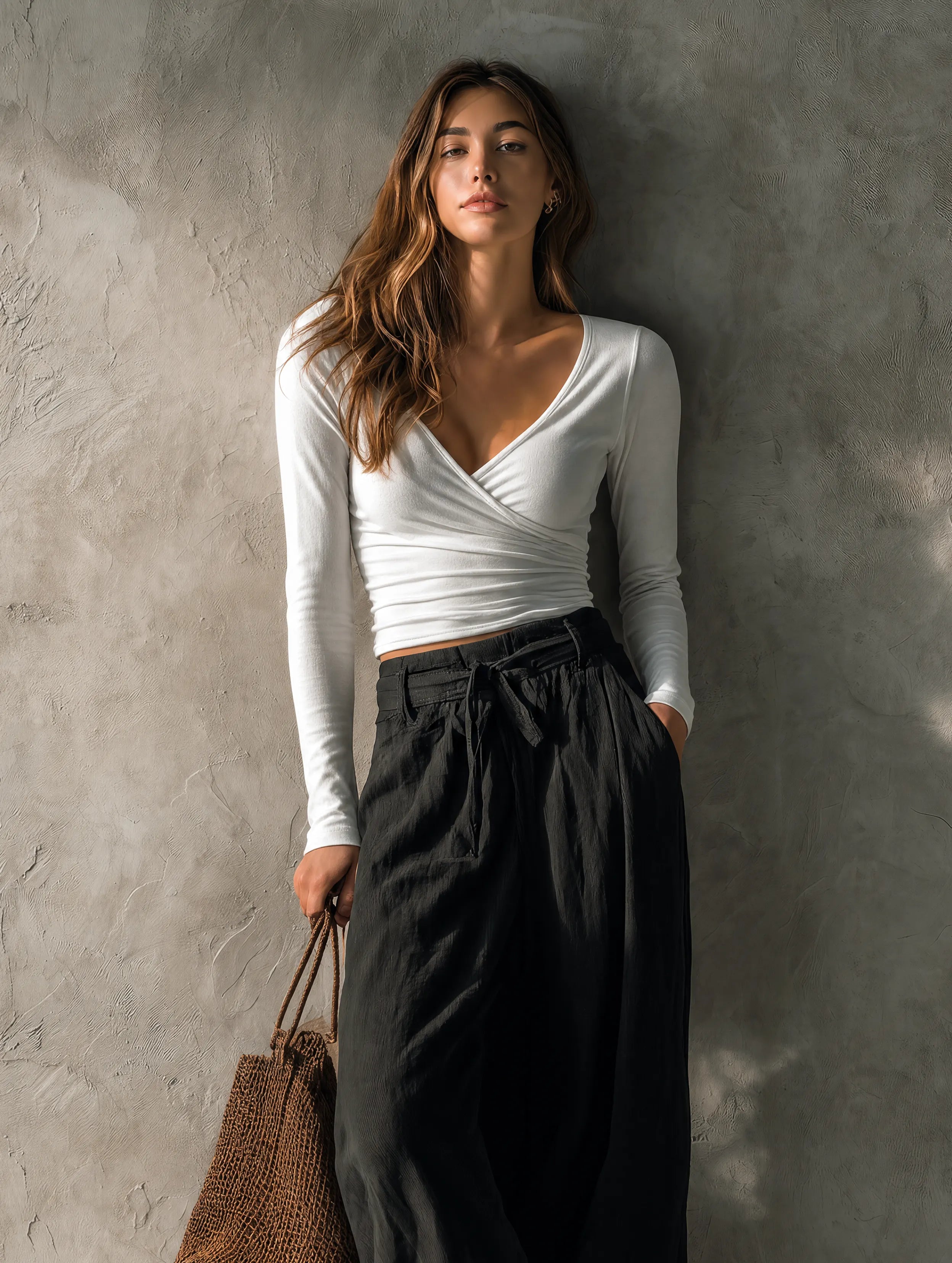 Women's Casual White Stretch-knit V-neck Long-sleeve Top Paired With A Black Cotton-linen Skirt. MDZ2369G5LXY
