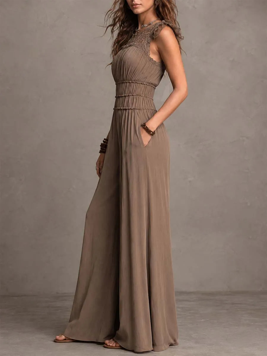 Mocha Brown Chiffon & Lace Flutter Sleeve Wide-Leg Jumpsuit
