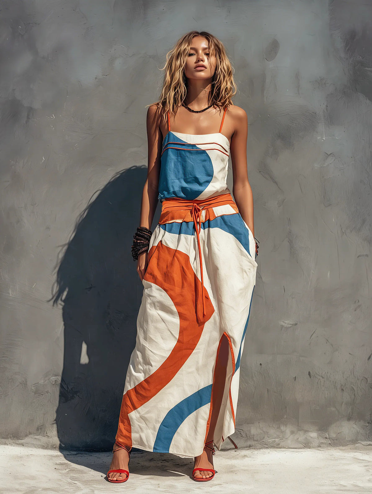Women's Casual Printed Woven Sleeveless Maxi Dress With Spaghetti Straps MDZ0991F2LXY
