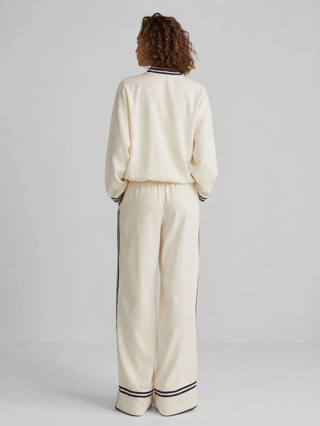 Women's Elegant Casual Off-white Linen Contrast-Stripe Stand-Collar V-Neck Long-Sleeve & Wide-Leg Trouser Set MDZ2059G3CMX