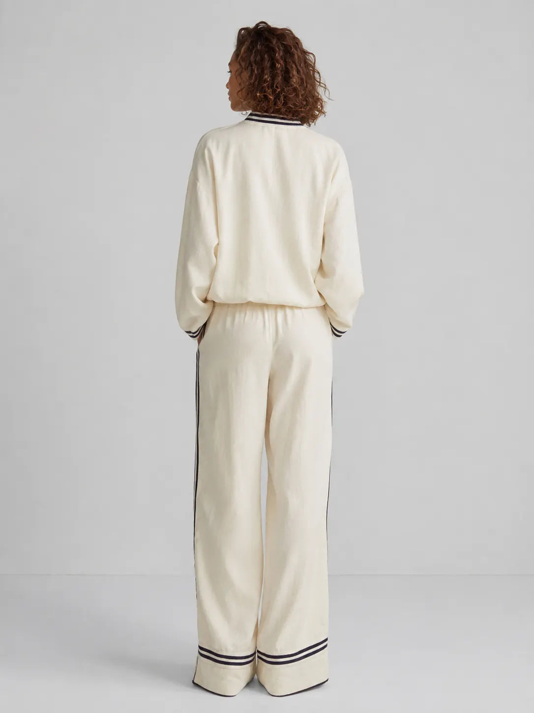 Women's Elegant Casual Off-white Linen Contrast-Stripe Stand-Collar V-Neck Long-Sleeve & Wide-Leg Trouser Set MDZ2059G3CMX