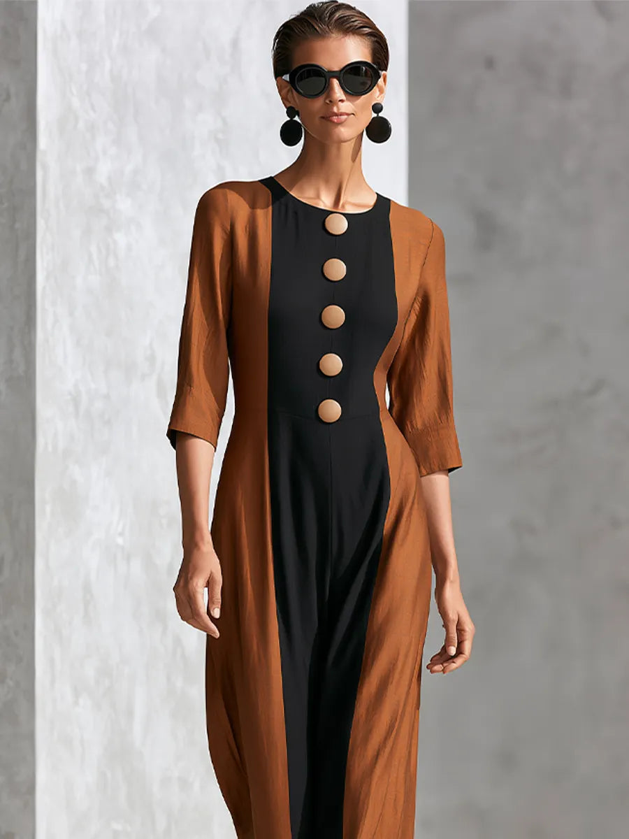 Women's Burnt Orange Black Color Block Jumpsuit With Mid Sleeve & Straight Ankle Cut, Minimalist Elegant Three Quarter Sleeve Ankle Jumpsuit MDZ1626G5LYL