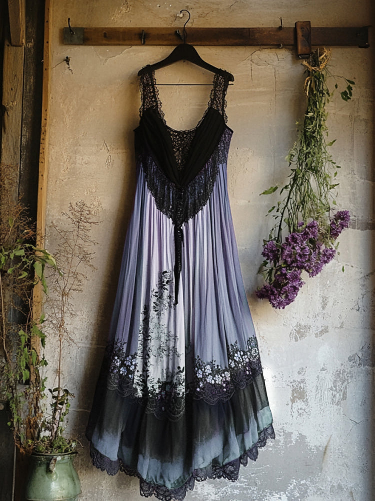 Boho Floral Embroidered Pattern Lace Patchwork Art Linen Dress