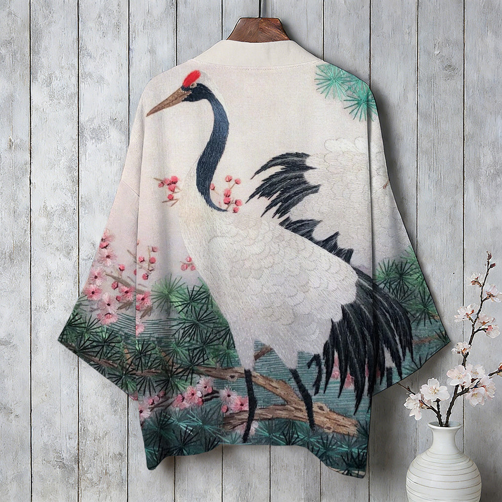 Vintage Cranes & Cherry Blossom Art Linen Kimono