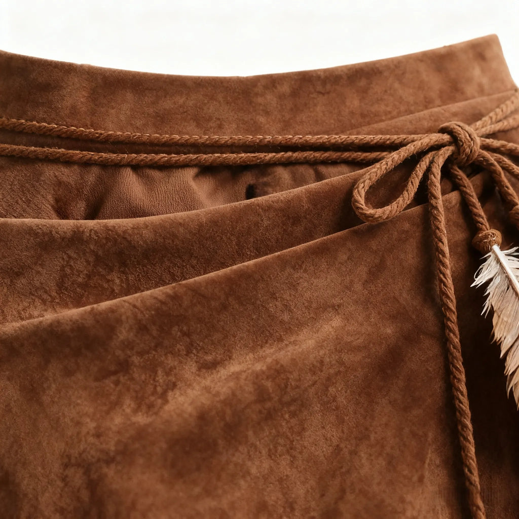 Brown Asymmetric Suede Wrap Skirt