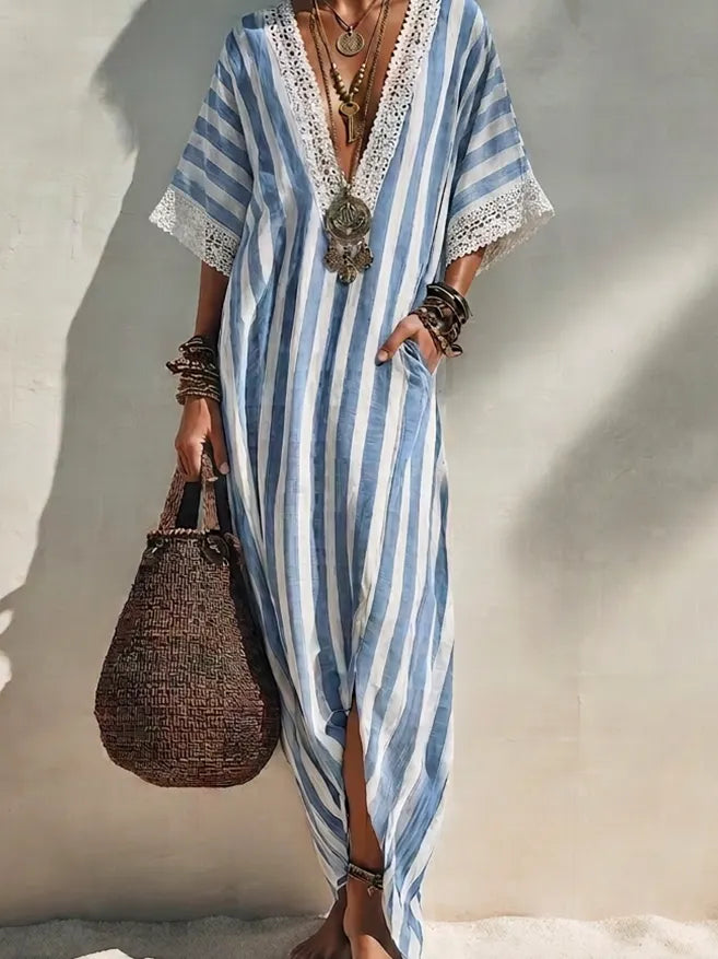 Women's Bohemian Blue And White Striped Cotton Blend V-Neck Crochet Trim Short Sleeve Side Slit Kaftan Maxi DressMDZ0921G6ZSQ