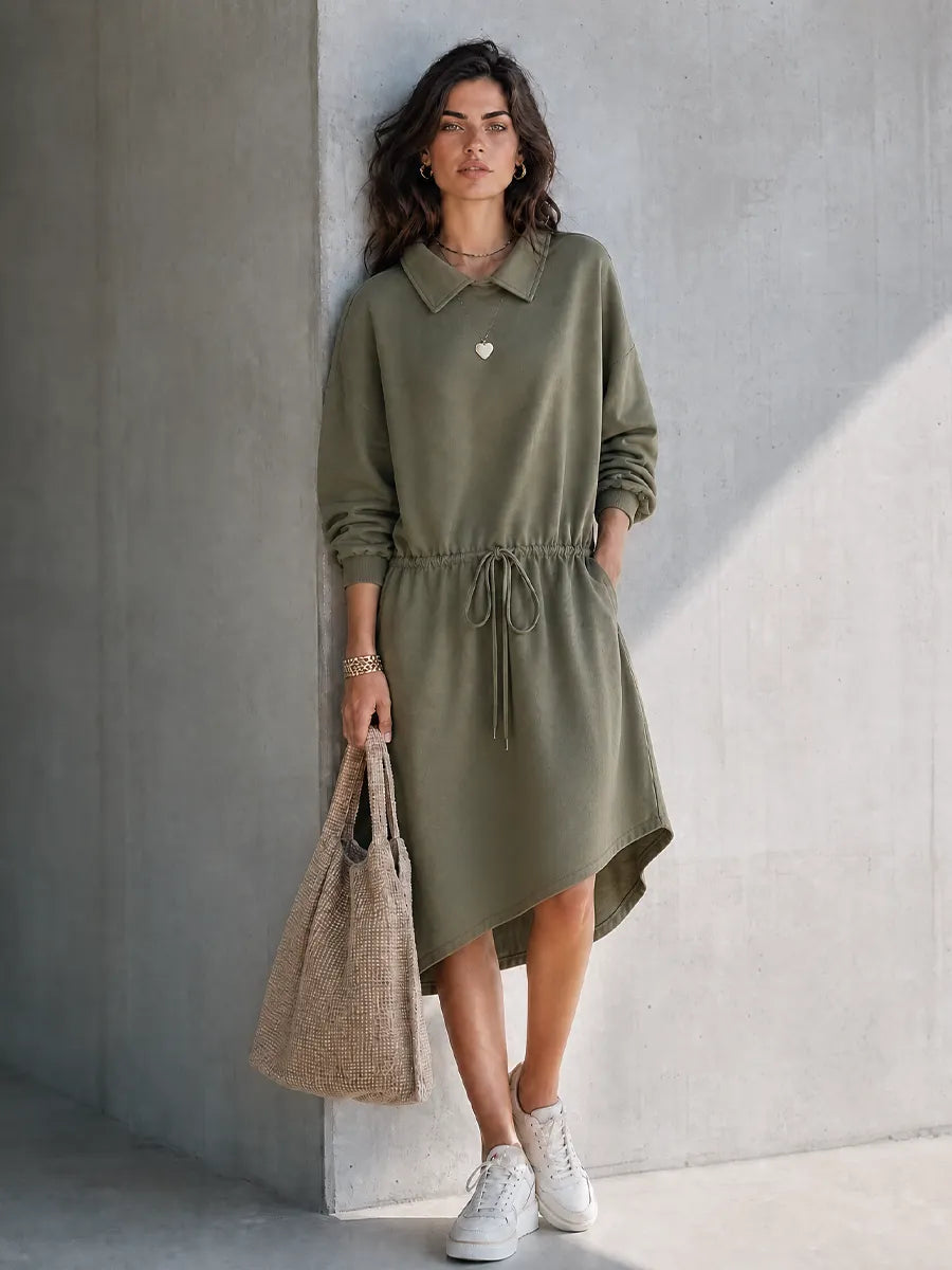 Women's Casual Workwear Style Army Green Cotton Blend Lapel Long Sleeve Drawstring Waist Midi Dress MDZ0726G9GMJ