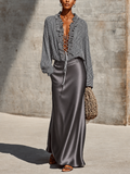 Women's Black White Vertical Stripe Ruffle Collar Lace Up Front Long Sleeve Blouse Gray Satin Maxi Skirt Two Piece Set MDZ1580G9YZJ
