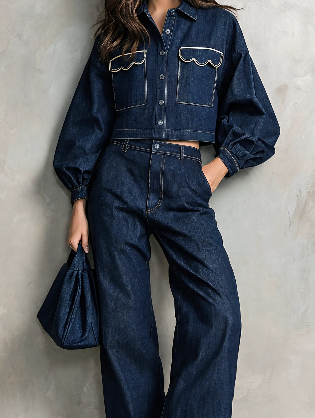 Women's Casual Dark Blue Long-sleeved Jacket Featuring Intricate Embroidery And A Faux-denim Look, Paired With Trousers MDZ0621G2LXY