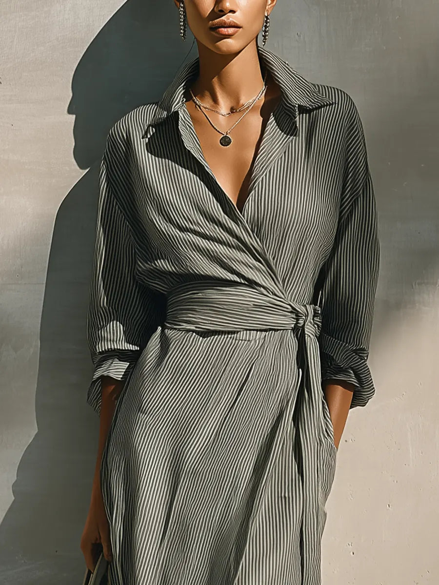 Women's Grey White Vertical Stripe Cotton-linen Blend Collared Wrap Tie Waist Side Pocket Maxi Shirt Dress MDZ1451G8YZJ