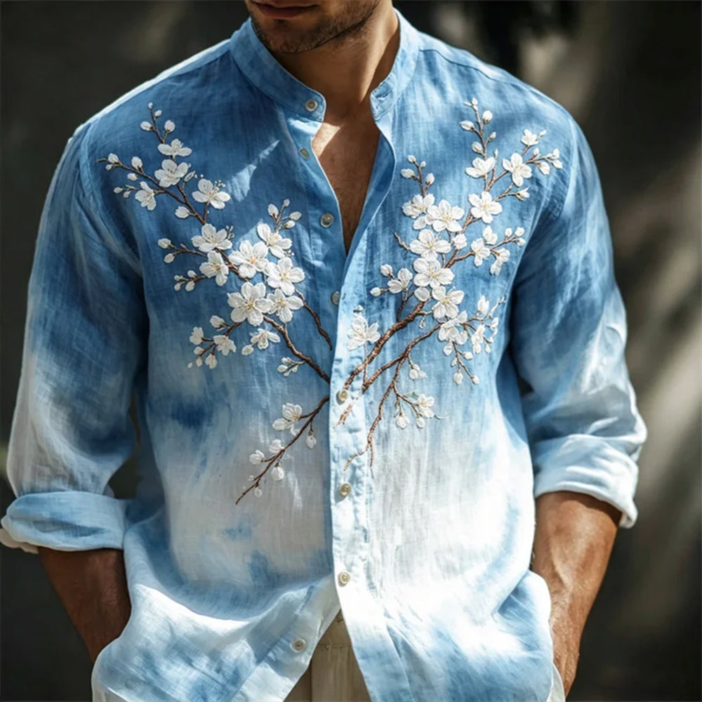 Vintage Sakura Hand-embroidered Artistic Tie-dye Open-front Shirt
