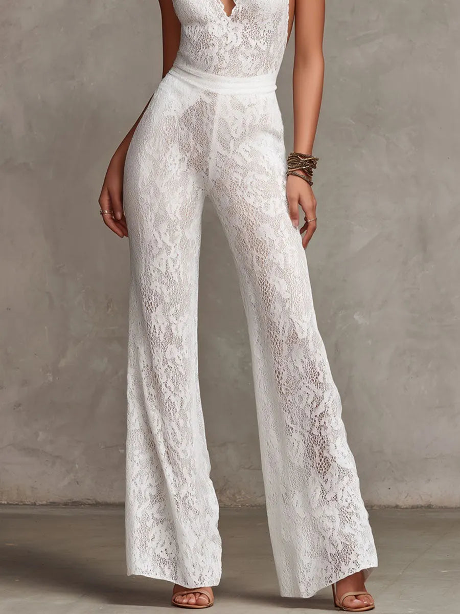 Retro Elegant White Key Hole Lace Halter Jumpsuit