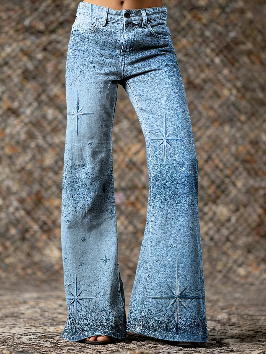 Women's Vintage Blue Gradient Stars Hippie Art Prints Casual  Flared Pants