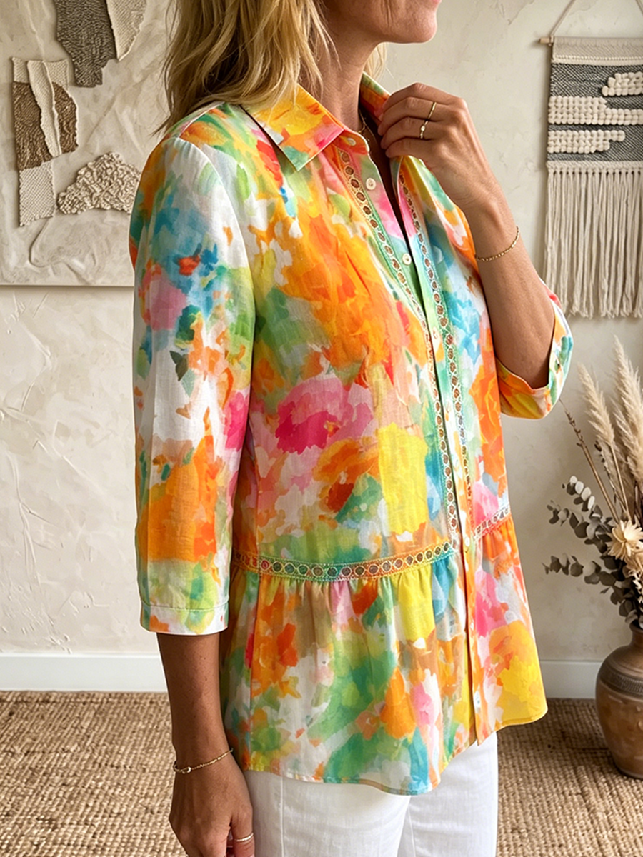 Artistic Cutout Lace-trimmed & Watercolor-print Cotton-linen Blouse