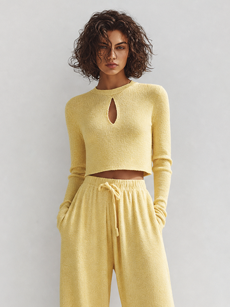 Women's Elegant Casual Light Yellow Knit Round-Neck Keyhole Long-Sleeve Cropped Top & Drawstring Wide-Leg Trouser Set MDZ2406G2CMX