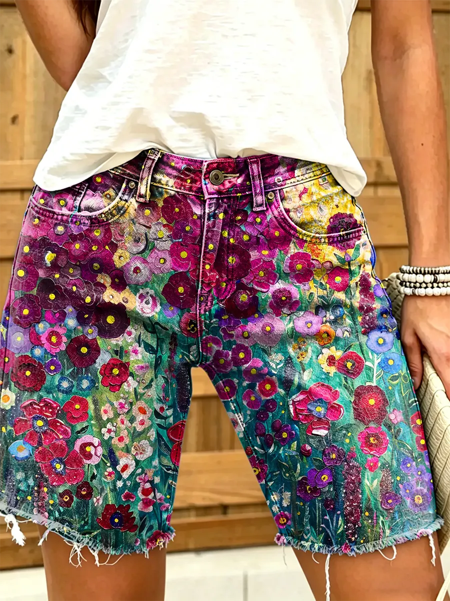 Women's Multicolor Boho Floral Print Frayed Hem Denim Shorts