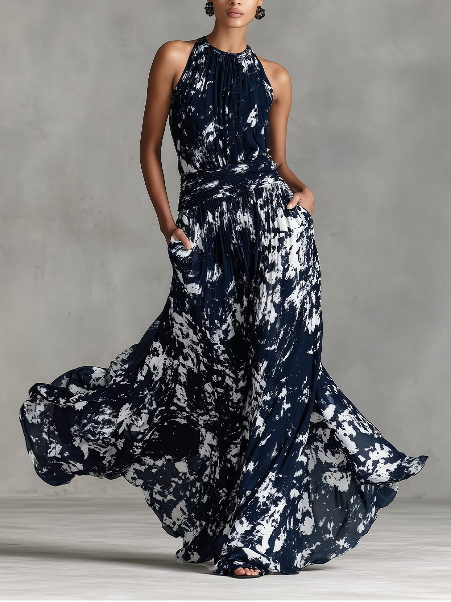 Women's Navy Blue & White Abstract Print Chiffon Dress With Halter Neck & Ruched Waist, Timeless Sexy-Elegant Style Dress MDZ2529B9I