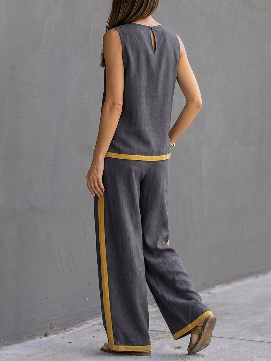 Contrast Color High Waisted Pants + Round-Neck Sleeveless Top Two Pieces Set