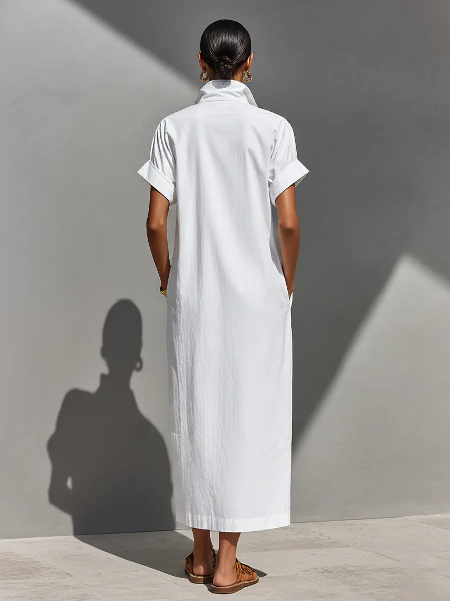 Women's White 100% Cotton Maxi Shirt Dress With Half-Zip Collar & Rolled Sleeves, Timeless Casual Everyday Dress MDZ0779E4LYL