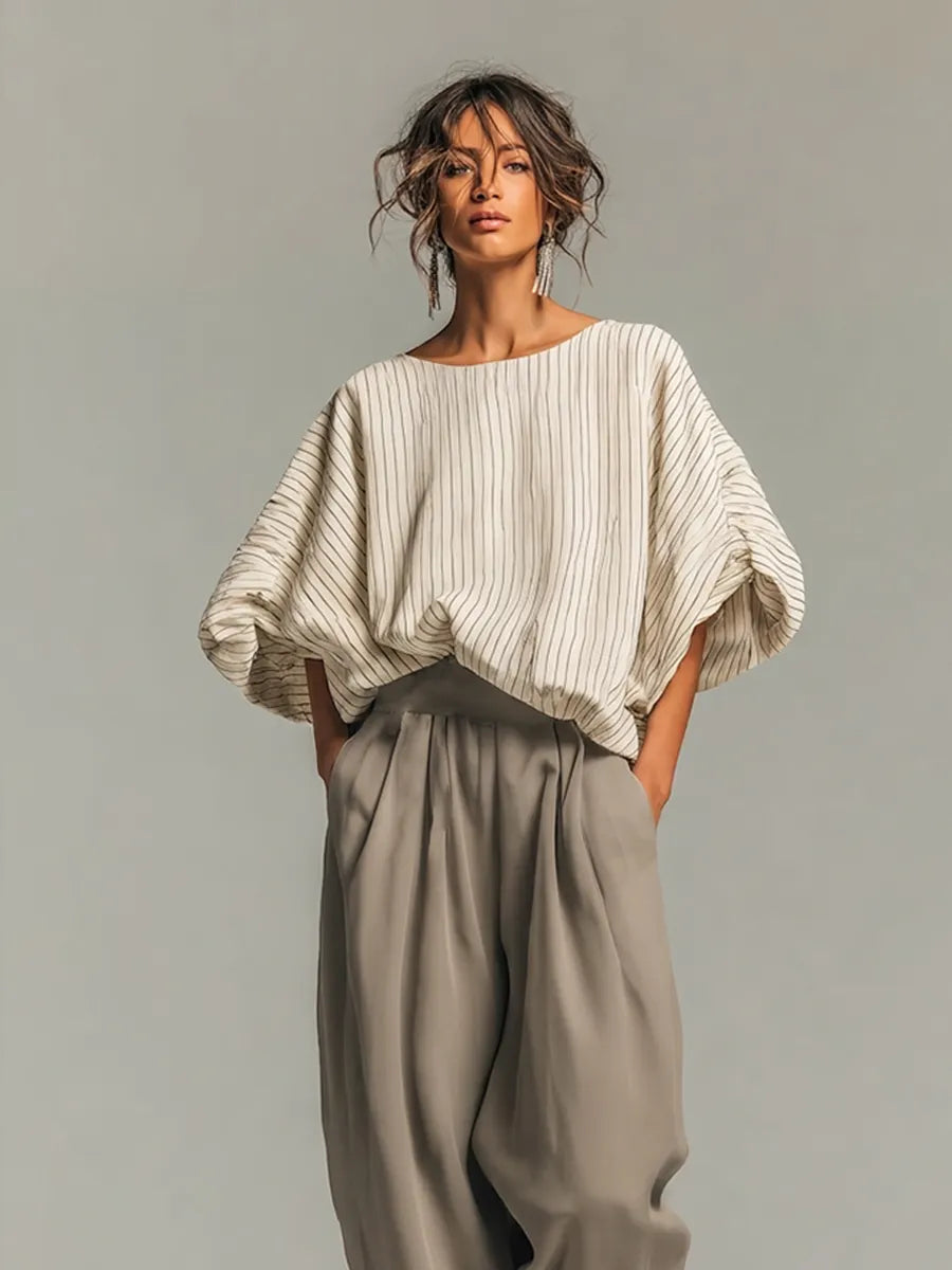 Women's Beige Pinstripe Woven Co-Ord With Loose Boat Neck Bubble Sleeve Top & High Waist Baggy Gray Side Pocket Trousers, Modern Effortless-Chic Daily Two-Piece Set MDZ0187G8LYL