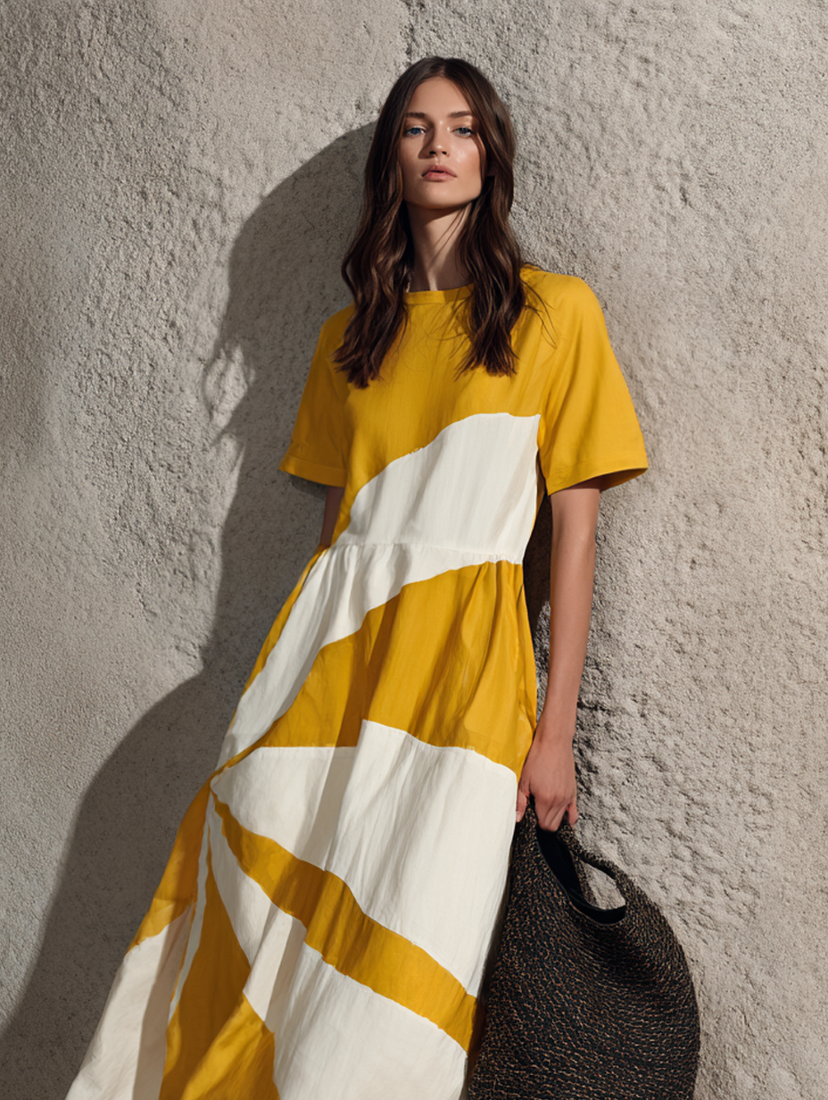 Women's Casual Yellow And White Color-block Woven Maxi Dress With A Round Neck And Short Sleeves MDZ1687G9LXY