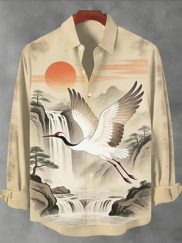 Men's Landscape Flying Crane Mandarin Collar Printed Long Sleeve Shirt