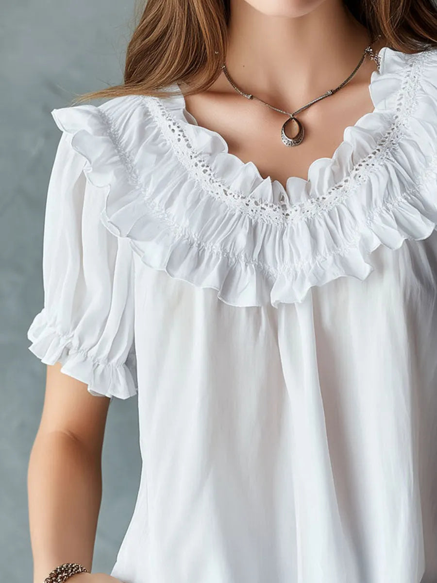 Boho White Ruffled Lace Trim Puff Sleeve Blouse