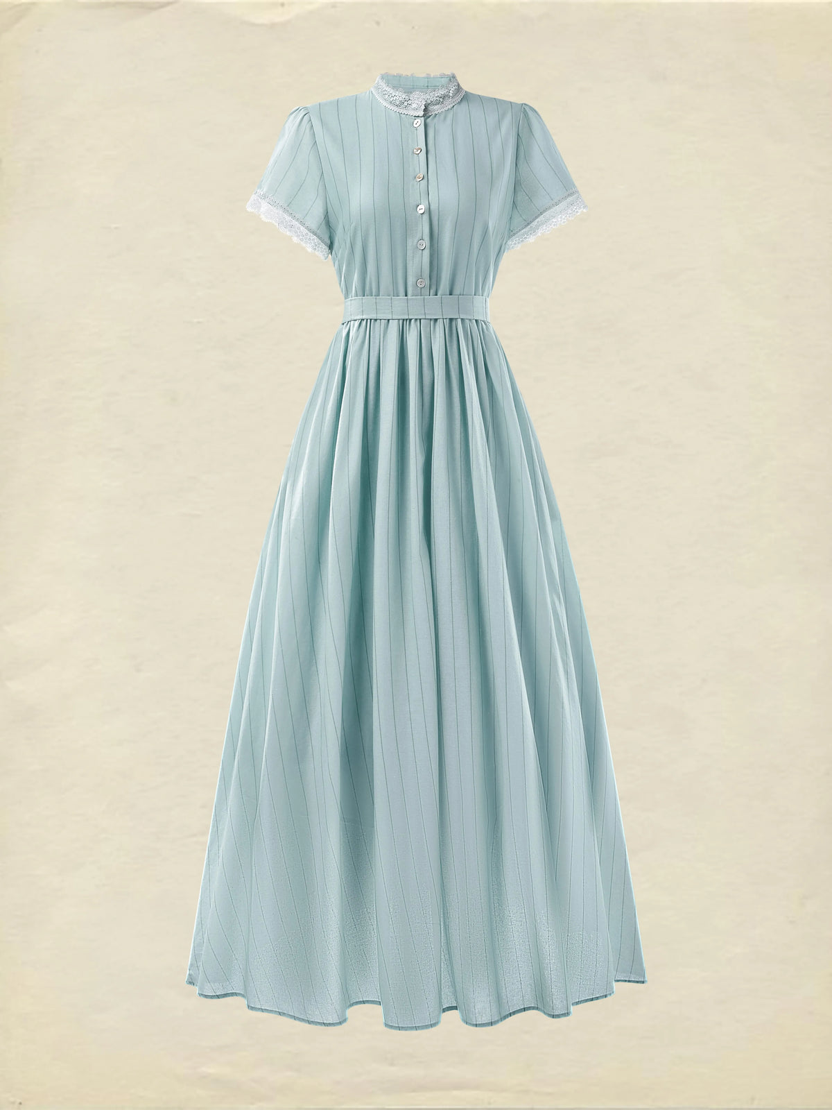 (SIZE:XS-XXL)Maxi Dress, Vintage, Summer, Natural, A-Line, Lace Collar, Short Sleeves, Blue