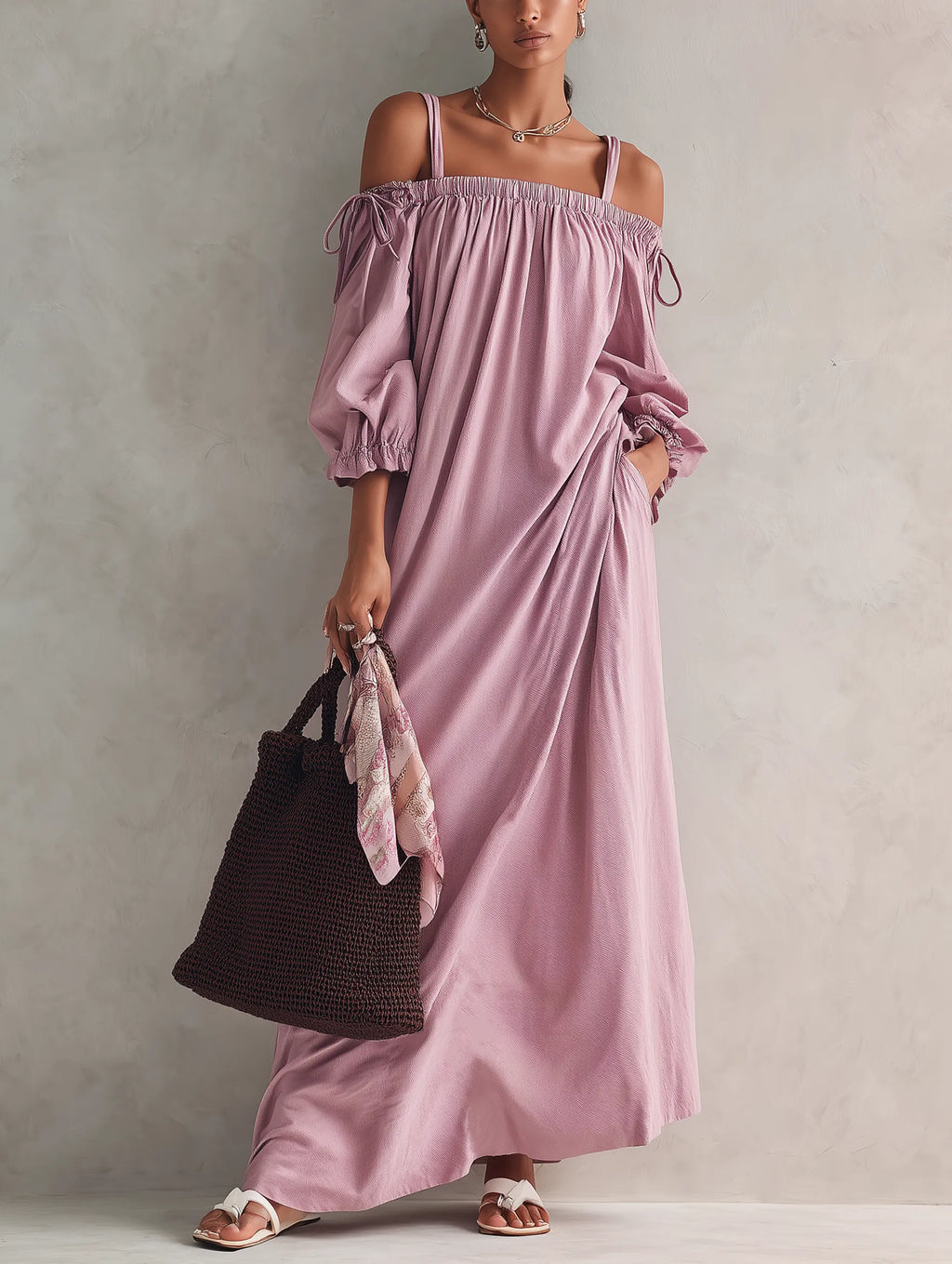 Women's Casual Lilac Woven Midi Dress With Straps And Mid-length Sleeves MDZ0711G3LXY