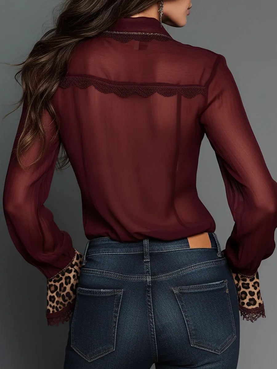 Retro Leopard Print Chiffon Fitted Blouse With Lace Trim