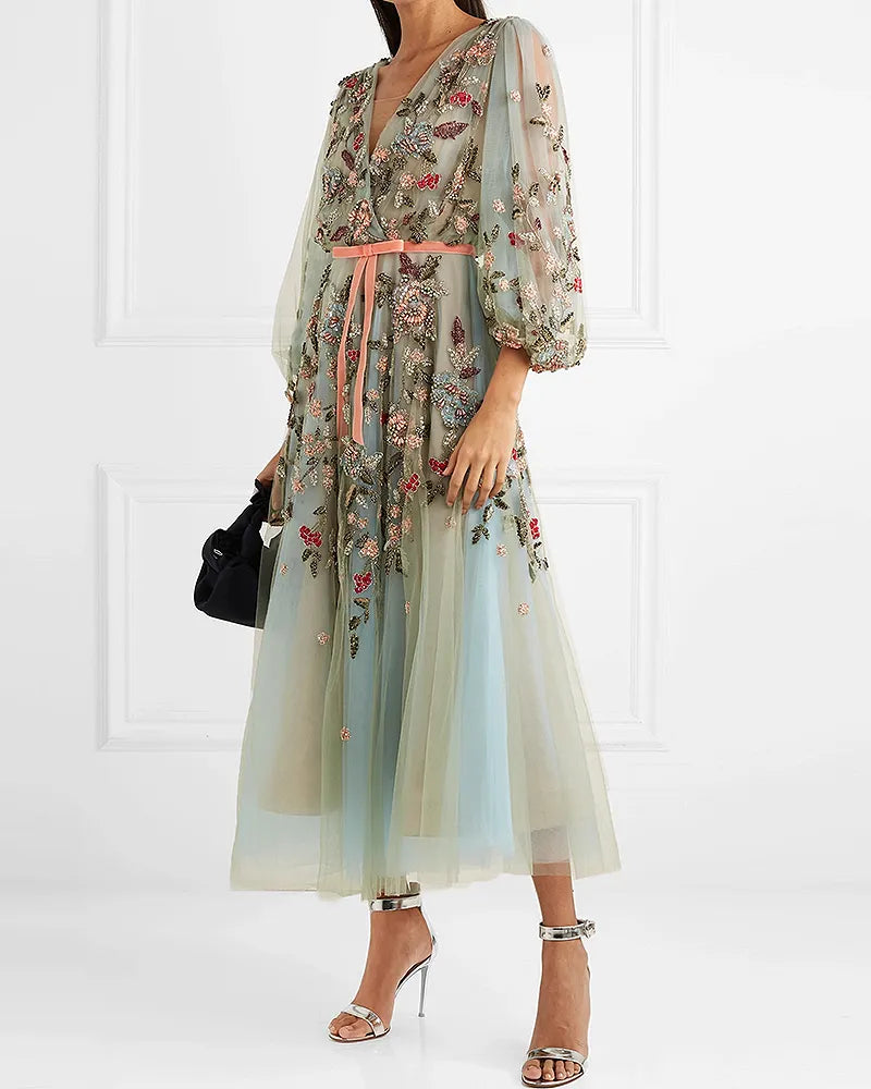 Mesh V-neck Printed Midi Dress-01