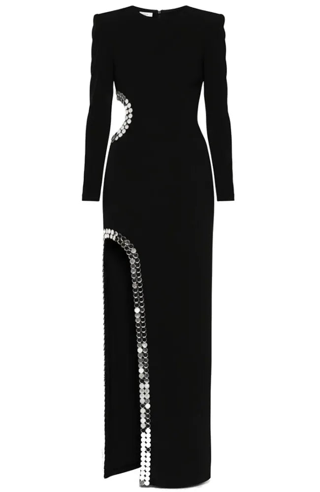 Long Sleeve Mirrored Trim Maxi Dress Black