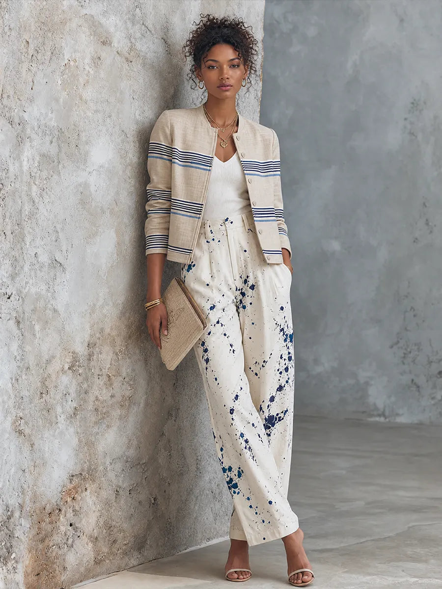 Women's Art Casual Off White Base Blue Splash Ink Cotton Blend High Waist Full Length Wide Leg Trousers MDZ1499G6GMJ