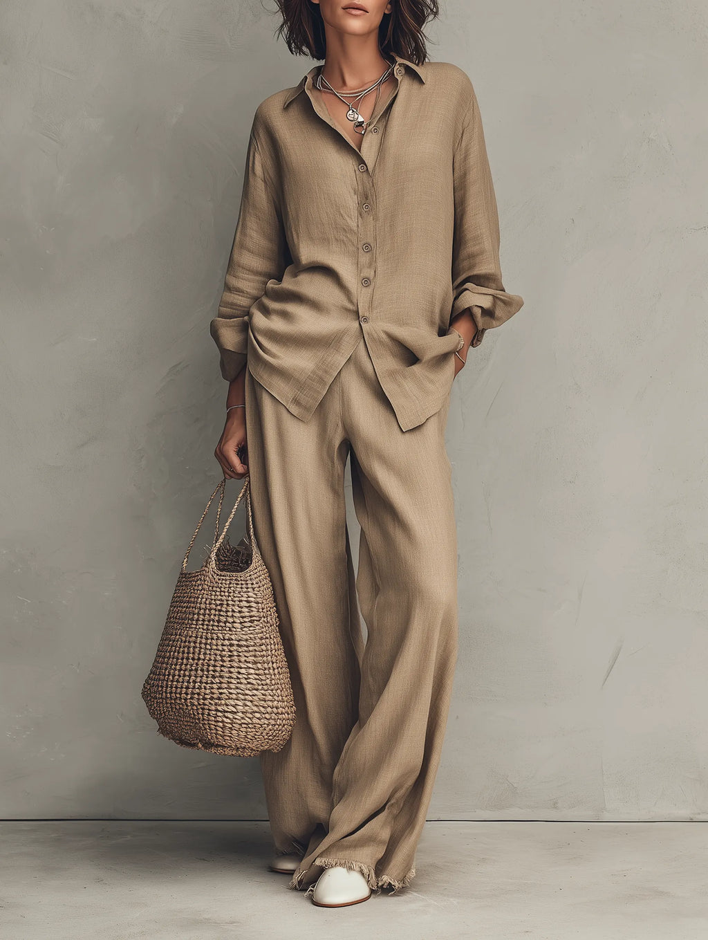 Women's Minimalist Long-Sleeve Shirt And Wide-Leg Pants Set With Raw Hems MDZ0934G8WY