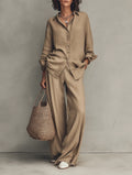 Women's Minimalist Long-Sleeve Shirt And Wide-Leg Pants Set With Raw Hems MDZ0934G8WY