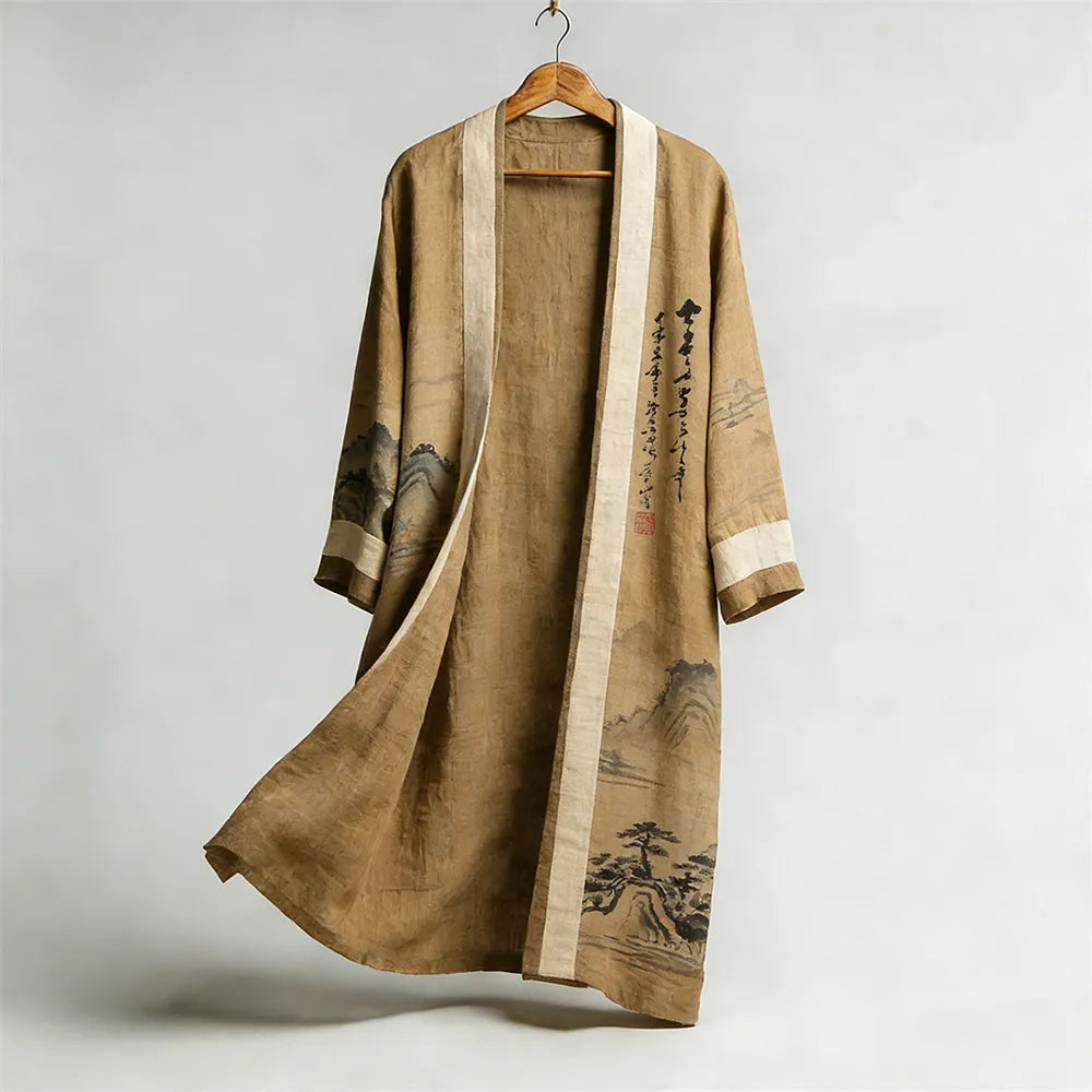Japanese Landscape Painting Linen Flowing Kimono