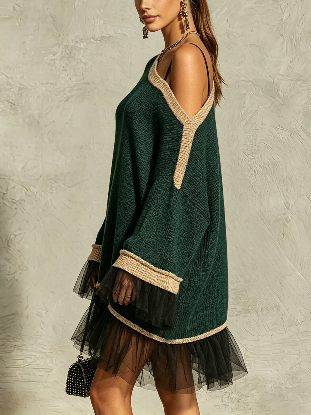 One-Shoulder Green Ruffle Hem Knit Mini Dress
