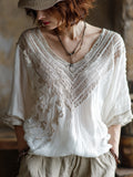 Women's Retro White Cherry Blossom Art Embroidered Cotton Linen V-neck Top