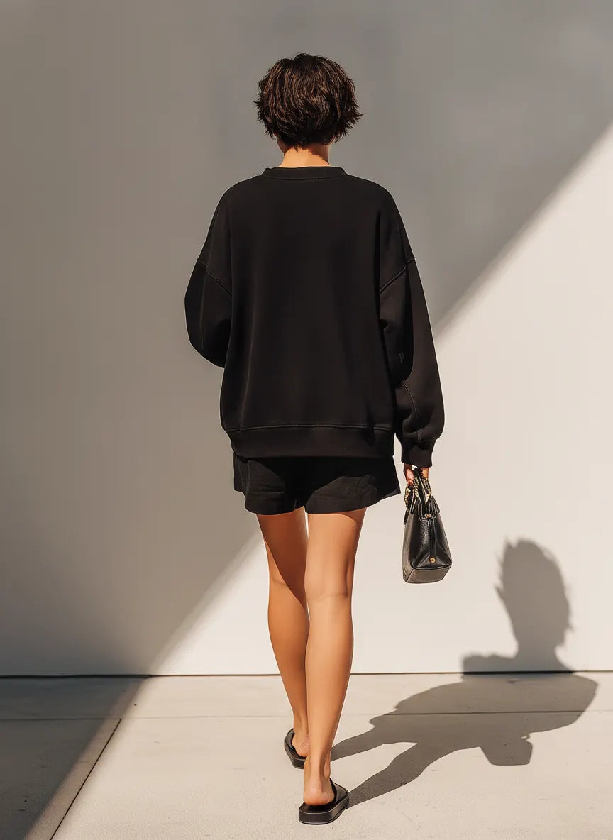 Women's Solid Black Cotton Fabric Co-Ord With Long Sleeve Loose Sweat Top & Relaxed Fit Casual Shorts, Modern Effortless-Chic Daily Athleisure Outfit MDZ2630F7LYL