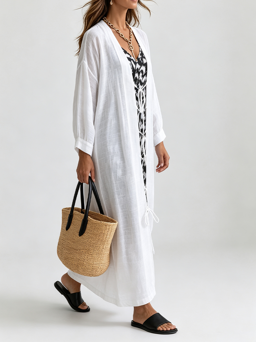 Vacation Sun Protection Two-Way Lightweight Linen Gauze Tie-Up Cover-Up Dress