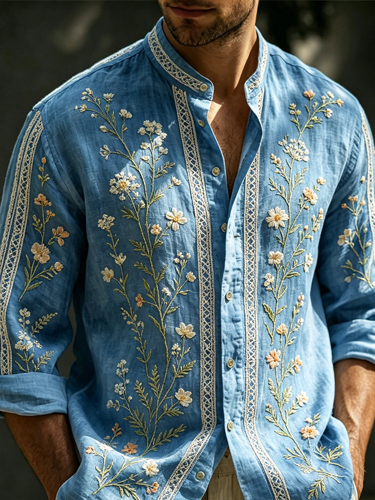 Men's Spring Floral And Lace Art Embroidered Cotton Linen Blue Long Sleeve Shirt