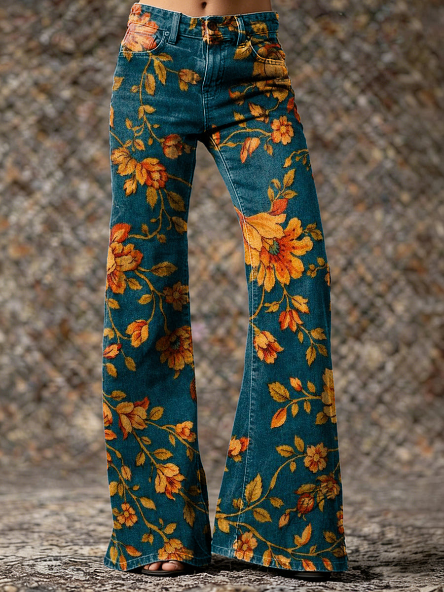Women's Retro Ethnic Floral Art Print Casual Washed Cotton Pants