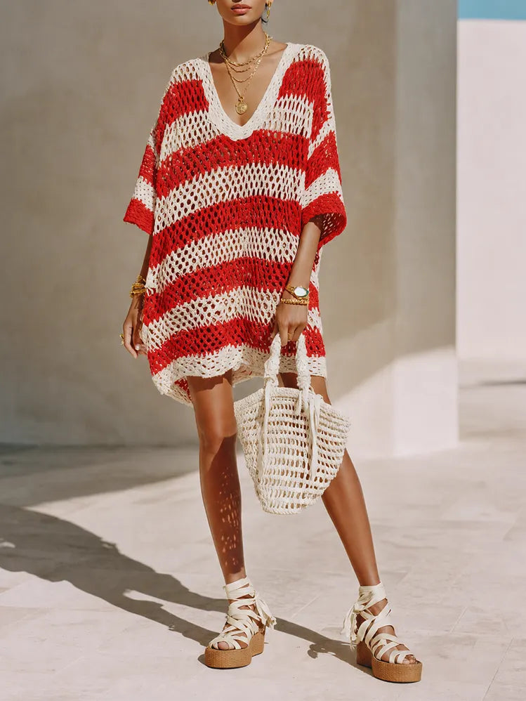 Women's Coastal Style Red And White Striped Cotton Blend Open Crochet V-Neck Short Sleeve Kaftan Cover-Up Mini DressMDZ2017G5ZSQ