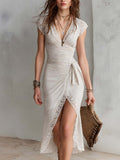 Vintage Lace-Trimmed Cotton-Linen Midi Dress