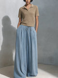 Women's Casual Chic Khaki Open-Knit Polo Sweater And Light Blue Drawstring Wide-Leg Denim Pants Two-Piece Set MDZ1521G5ZSQ