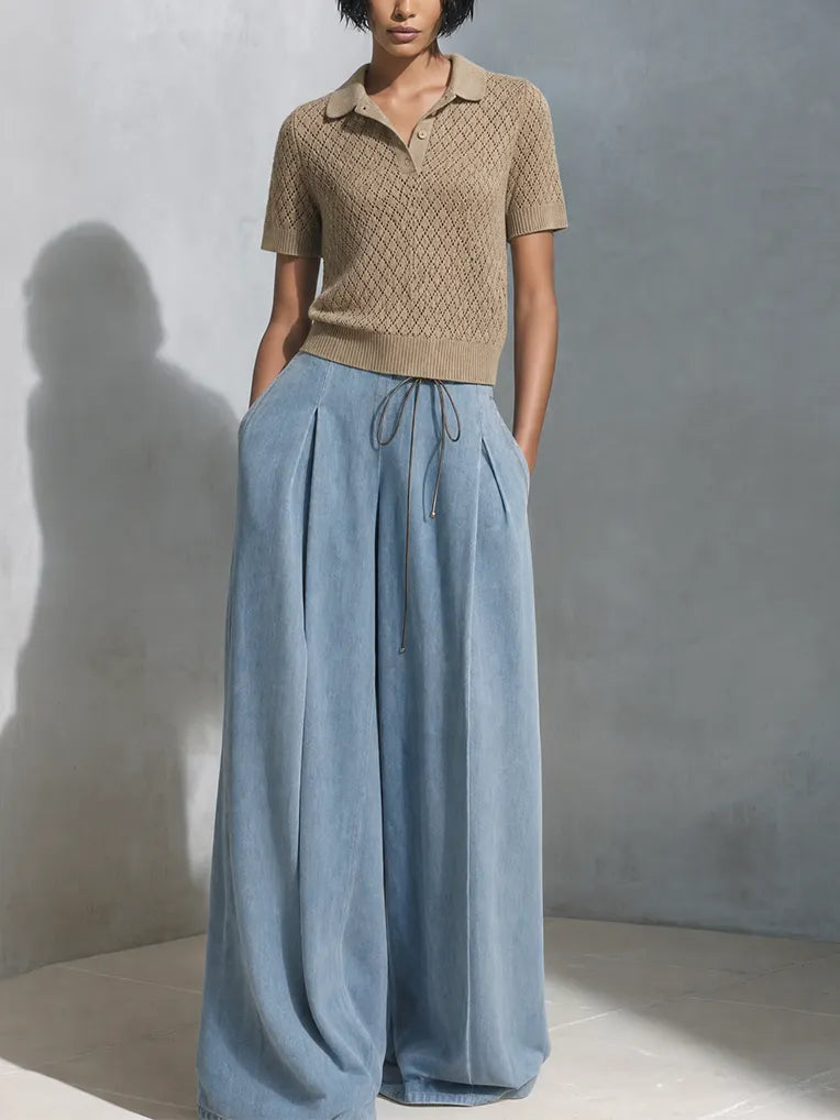 Women's Casual Chic Khaki Open-Knit Polo Sweater And Light Blue Drawstring Wide-Leg Denim Pants Two-Piece Set MDZ1521G5ZSQ