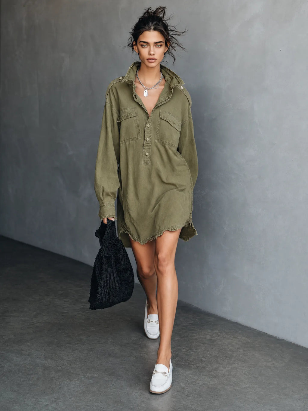 Women's Minimalist Long-Sleeve Raw-Edge Mini Dress With Polo Collar And Epaulettes MDZ2084G4WY