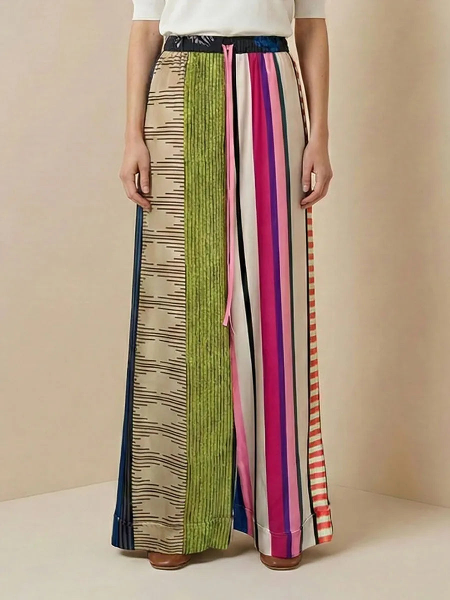 Loose Wide Leg Contrast Color Drawstring Printed Striped Casual Pants Bottoms Trousers