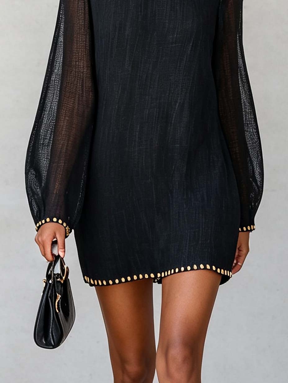 Black Mock Neck Sheer Sleeve Mini Dress With Contrast Trim